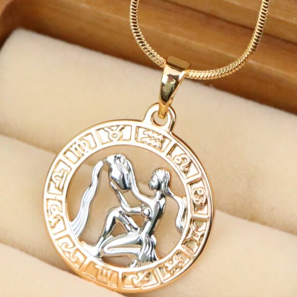 "Rose Gold Aquarius Zodiac Pendant Featuring Water Bearer Symbol, XPPT1455 - Picture 1 of 12